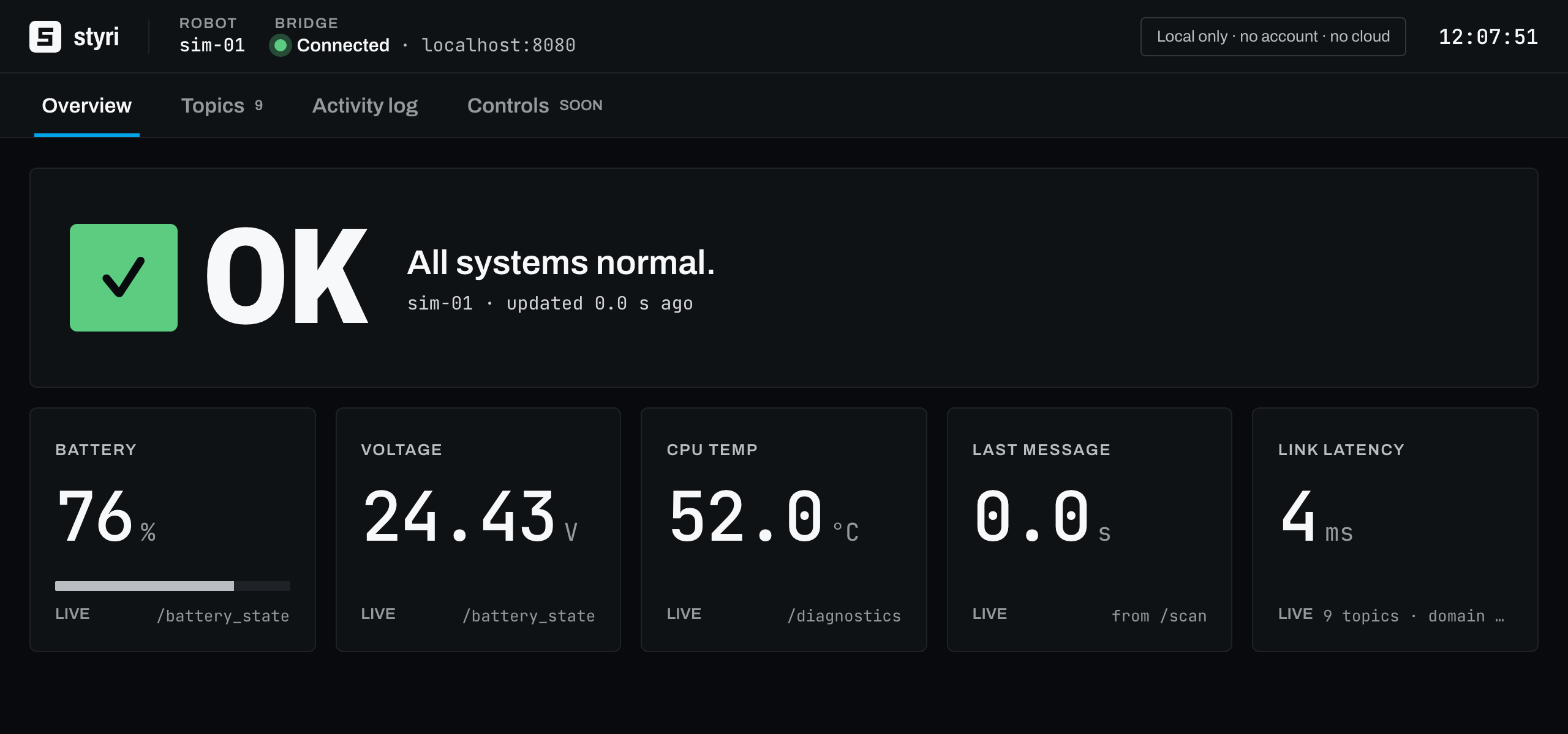 The Styri Overview: a large green OK, 'All systems normal', and tiles for battery, voltage, CPU temperature, last message and link latency.